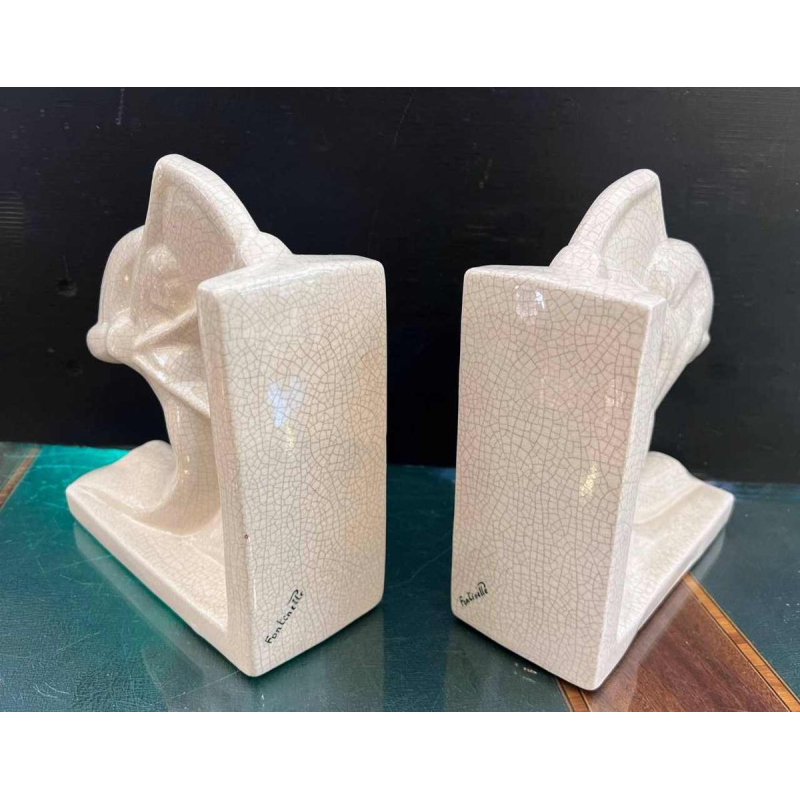 Louis Fontinelle 'Archers' pair of Art Deco cracked ceramic earthenware bookends, ca 1930