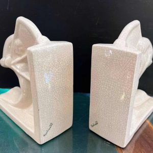 Louis Fontinelle 'Archers' pair of Art Deco cracked ceramic earthenware bookends, ca 1930