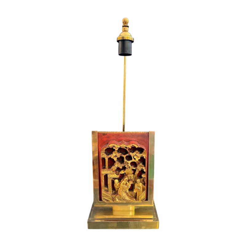 Lampe de table Hollywood Regency de style chinois en laiton doré, bois sculpté et laqué, ca 1970