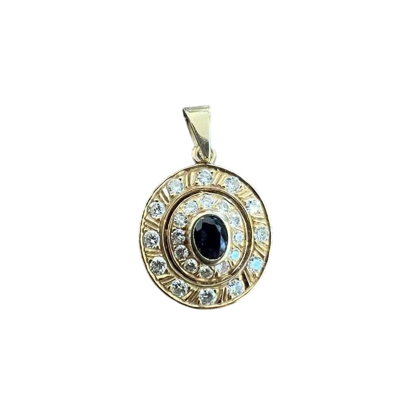 Pendentif médaillon rond or jaune saphir et diamants, fin du 19ème siècle