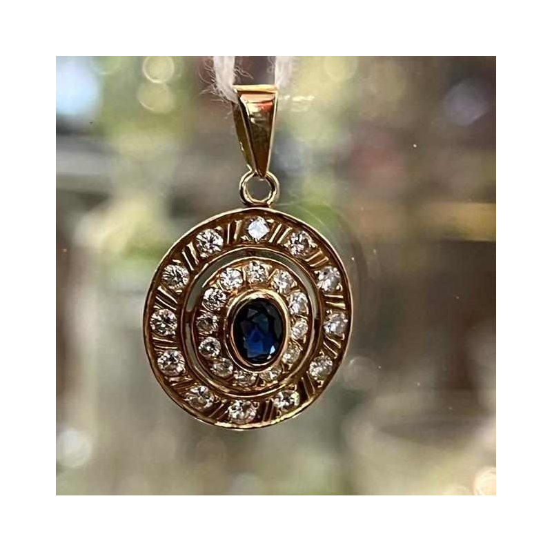 Pendentif médaillon rond or jaune saphir et diamants, fin du 19ème siècle