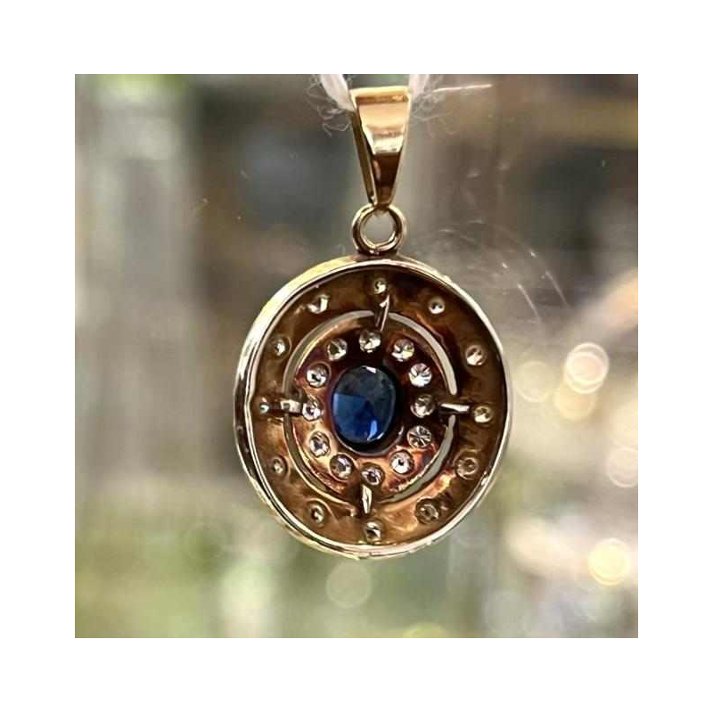 Pendentif médaillon rond or jaune saphir et diamants, fin du 19ème siècle