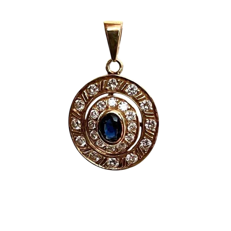 Pendentif médaillon rond or jaune saphir et diamants, fin du 19ème siècle