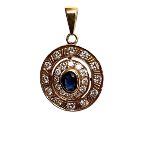 Ronde medaillonhanger in geelgoud met saffier en diamanten, eind 19e eeuw