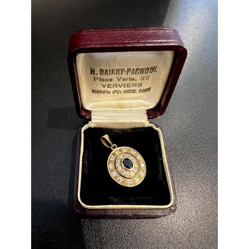 Pendentif médaillon rond or jaune saphir et diamants, fin du 19ème siècle