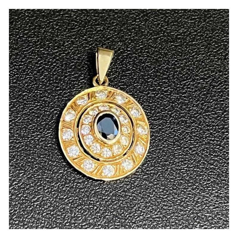 Ronde medaillonhanger in geelgoud met saffier en diamanten, eind 19e eeuw