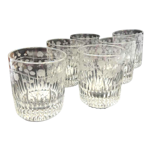 6 clear crystal whisky tumblers with cut and engraved decoration