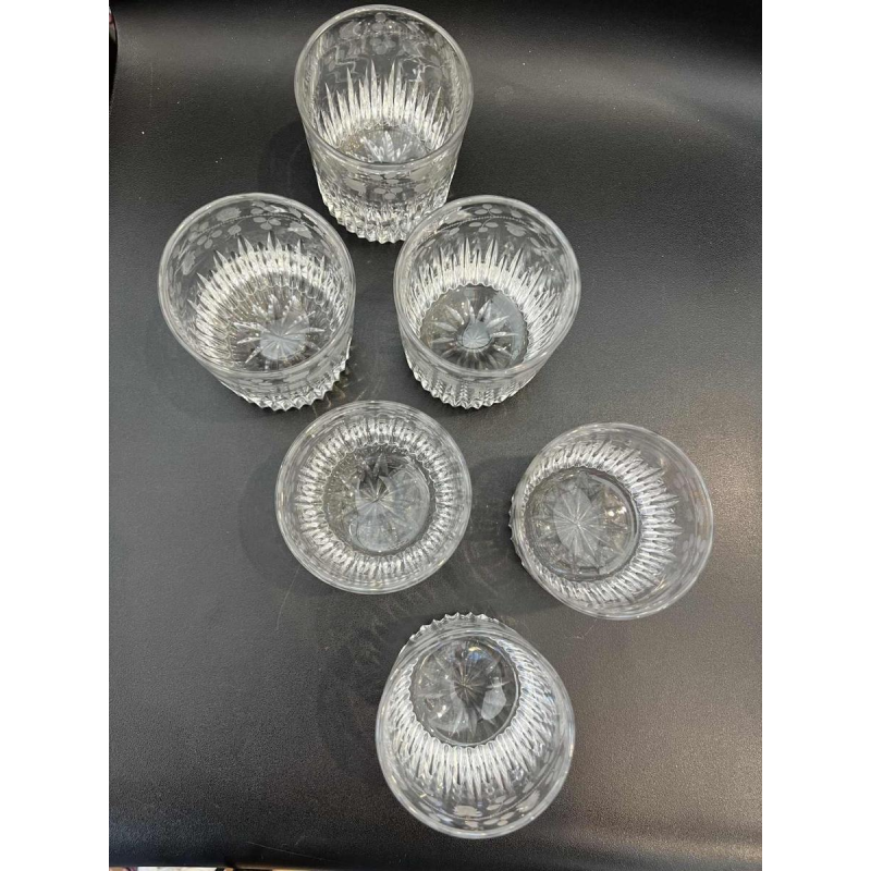 6 clear crystal whisky tumblers with cut and engraved decoration