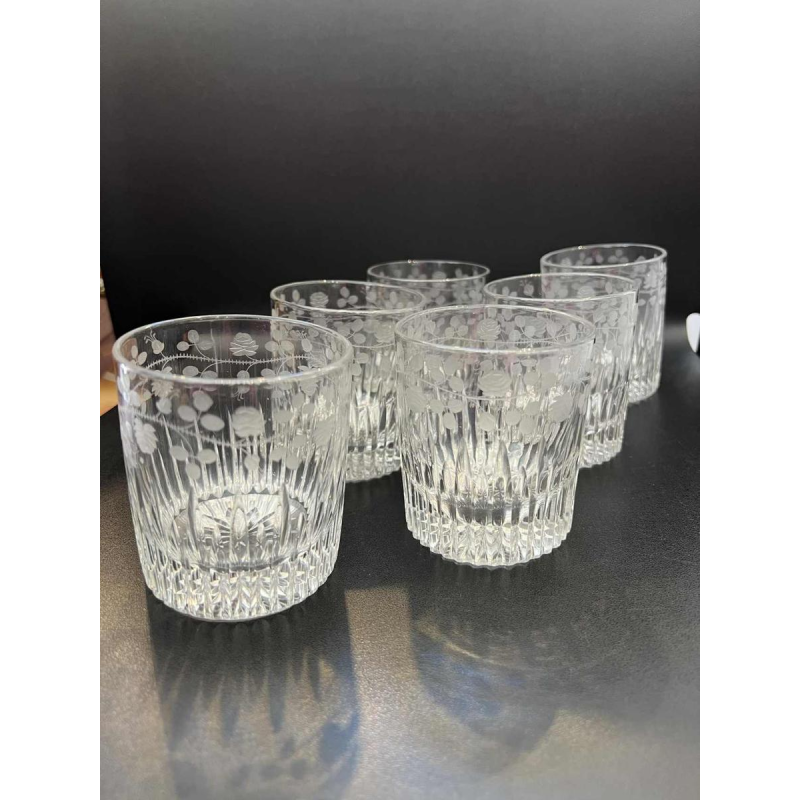 6 clear crystal whisky tumblers with cut and engraved decoration