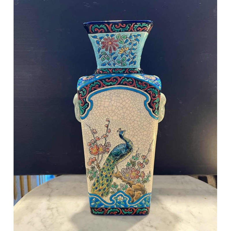 LONGWY - Crackled earthenware vase with polychrome enamel decoration - Art Deco period