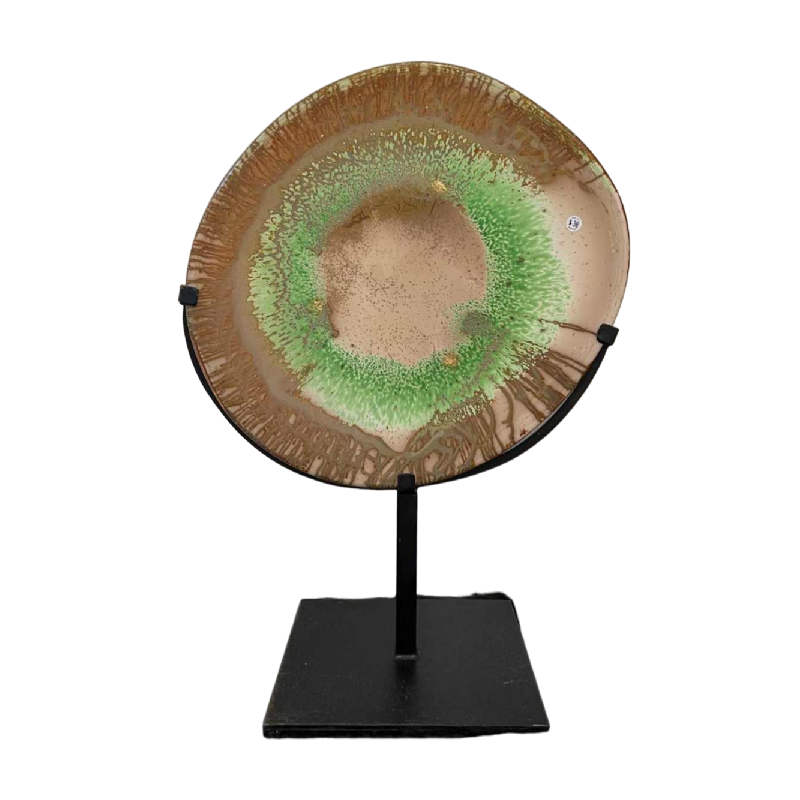 Alfred COLLARD, Abstracte sculptuur, Glazen schijf versierd met insluitsels