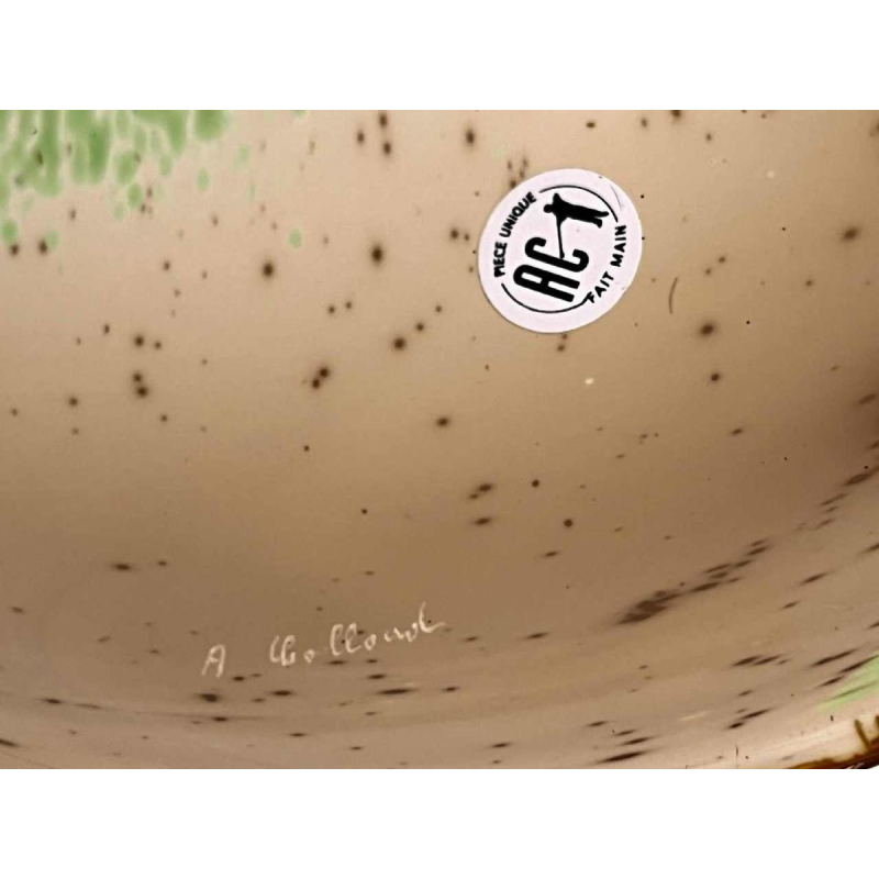 Alfred COLLARD, Abstracte sculptuur, Glazen schijf versierd met insluitsels