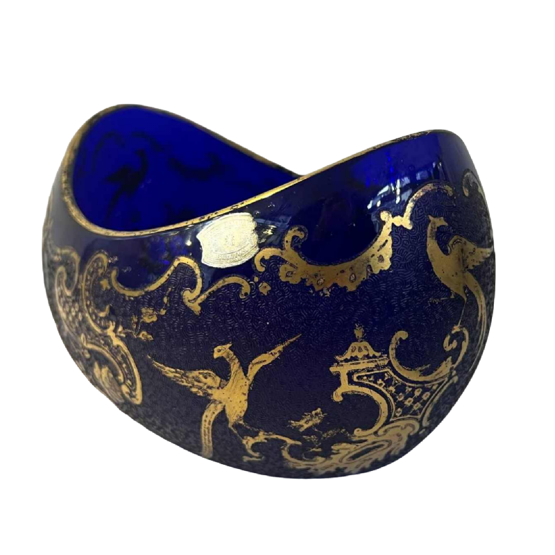 Val Saint Lambert Léon LEDRU cobalt crystal navette bowl