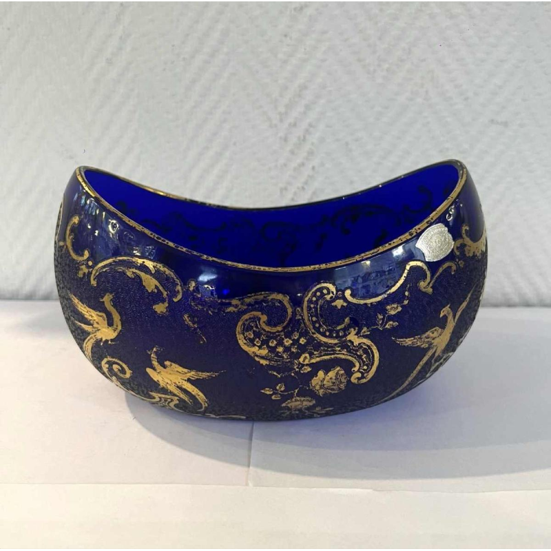 Val Saint Lambert Léon LEDRU cobalt crystal navette bowl