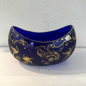 Val Saint Lambert Léon LEDRU cobalt crystal navette bowl