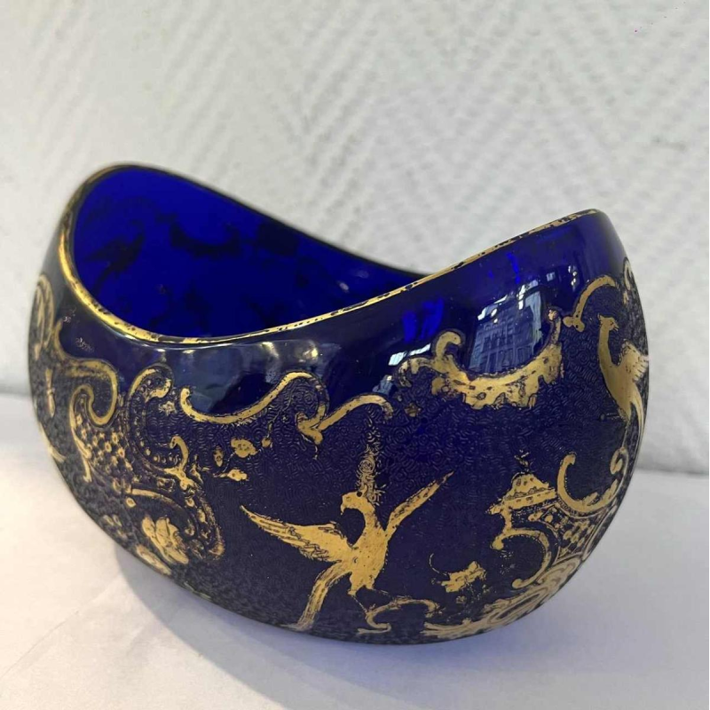 Val Saint Lambert Léon LEDRU cobalt crystal navette bowl