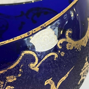 Val Saint Lambert Léon LEDRU cobalt crystal navette bowl