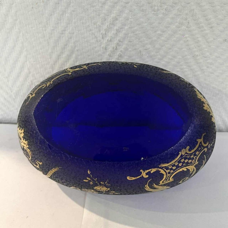 Val Saint Lambert Léon LEDRU cobalt crystal navette bowl