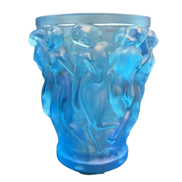 LALIQUE France, "Bacchantes" satin blue crystal vase