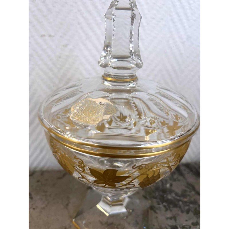 Val Saint Lambert Drageoir en cristal clair à décor gravé et doré à lor