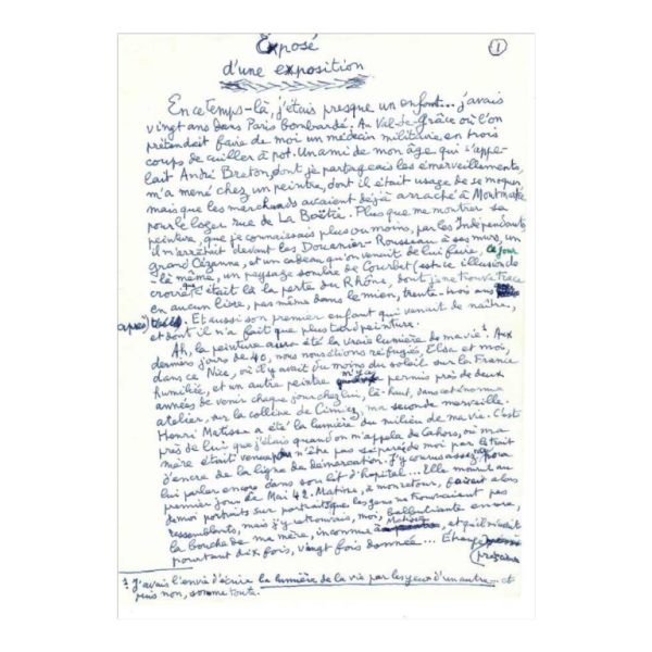 manuscript Louis Aragon - unique and unpublished - Exposé d'une exposition - 1977