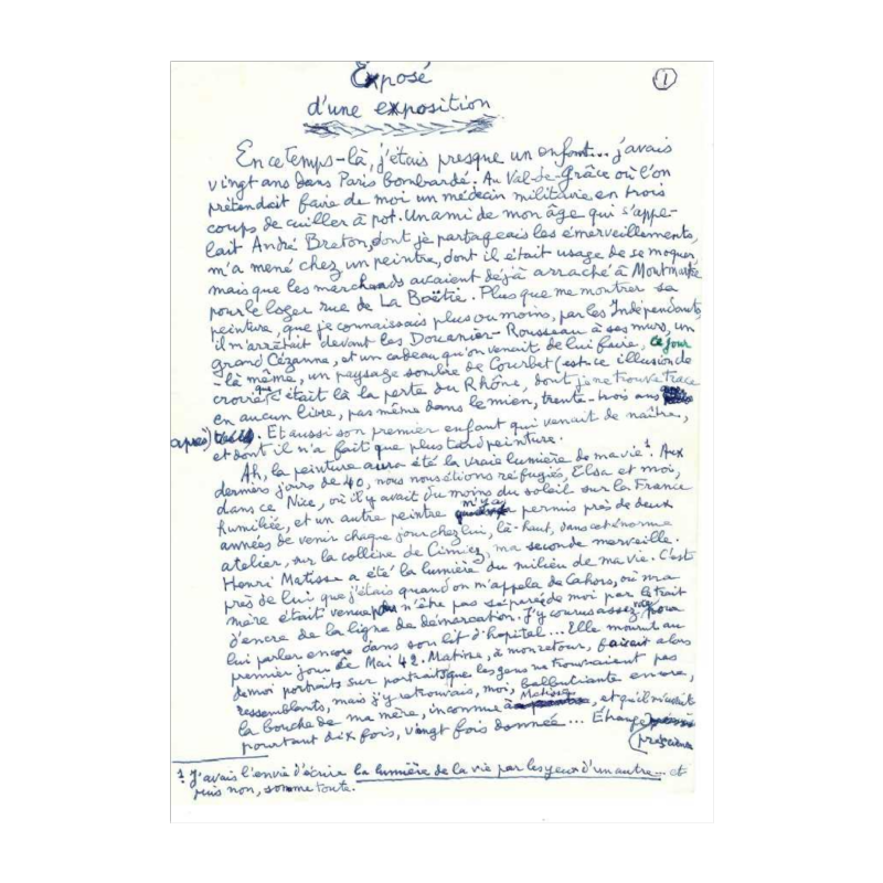 Louis Aragon manuscript - uniek en ongepubliceerd - Tentoonstellingspraatje - 1977