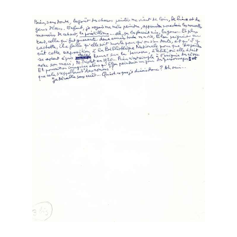 Louis Aragon manuscript - uniek en ongepubliceerd - Tentoonstellingspraatje - 1977