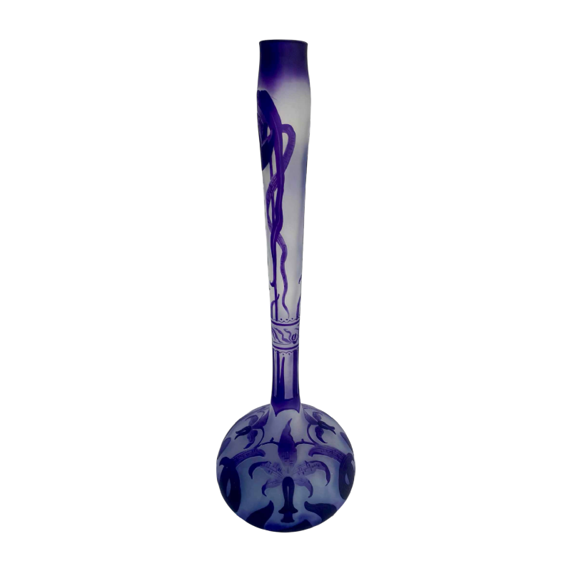 Art Nouveau soliflore vaas, orchidee decoratie, zuurgeëtst glas gesigneerd LP, begin 20e eeuw