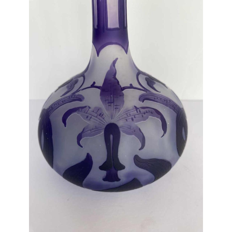 Art Nouveau soliflore vase, decorated with orchids, acid-etched glass signed LP, early 20th century