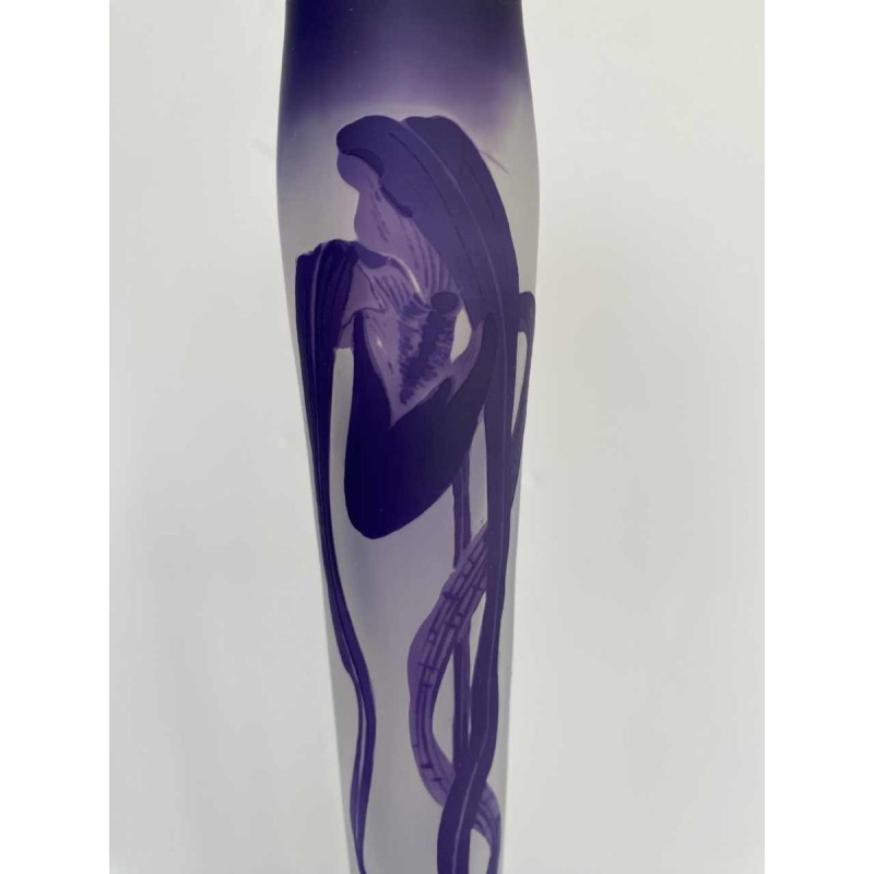 Art Nouveau soliflore vaas, orchidee decoratie, zuurgeëtst glas gesigneerd LP, begin 20e eeuw