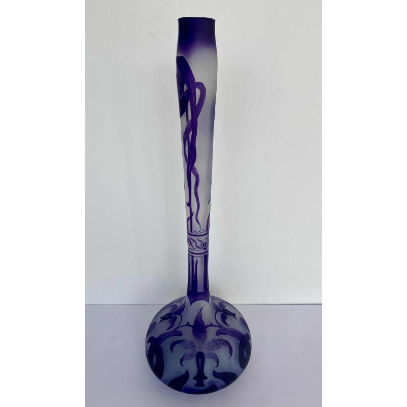 Art Nouveau soliflore vaas, orchidee decoratie, zuurgeëtst glas gesigneerd LP, begin 20e eeuw