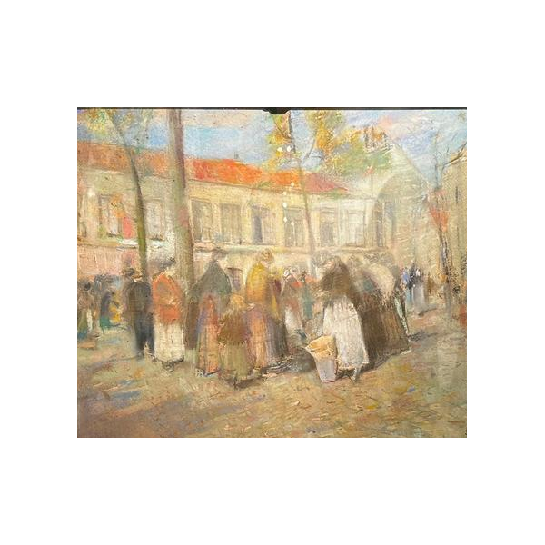 Lucien Frank 'Scène de marché' pastel impressionniste, fin 19e siècle
