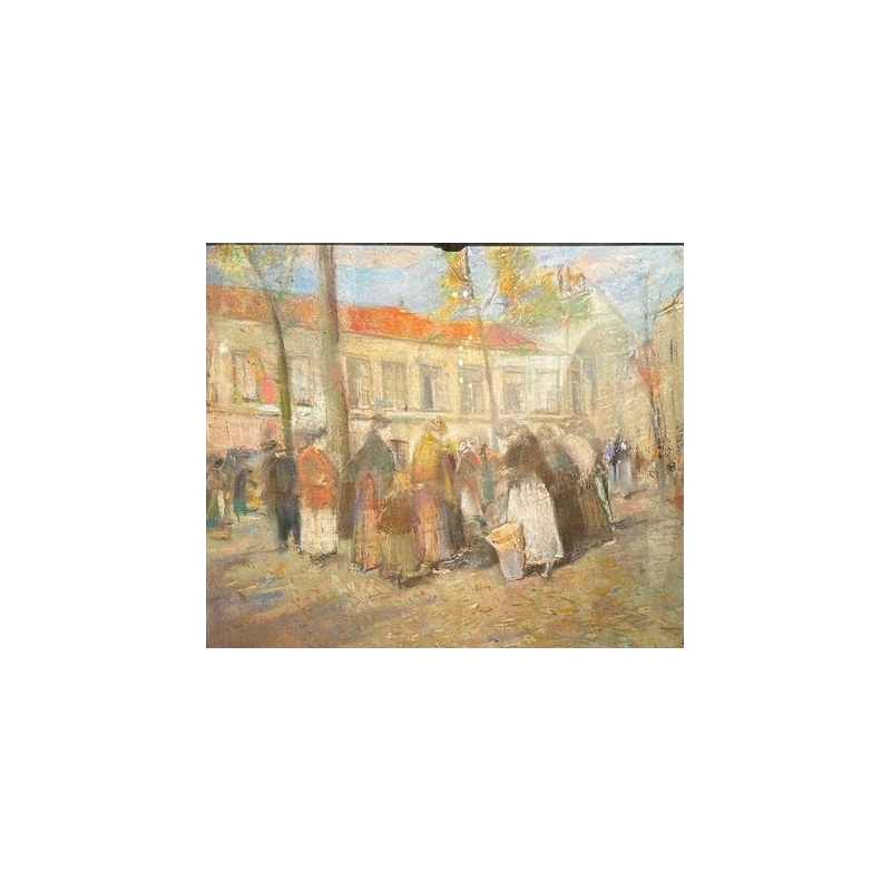 Lucien Frank 'Scène de marché' pastel impressionniste, fin 19e siècle