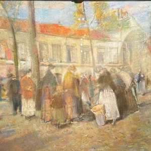 Lucien Frank 'Scène de marché' pastel impressionniste, fin 19e siècle