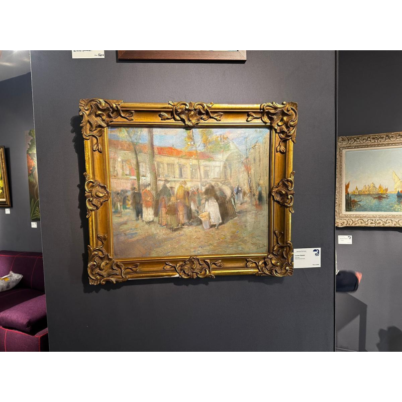 Lucien Frank 'Marktscène' Impressionistisch pastel, eind 19e eeuw