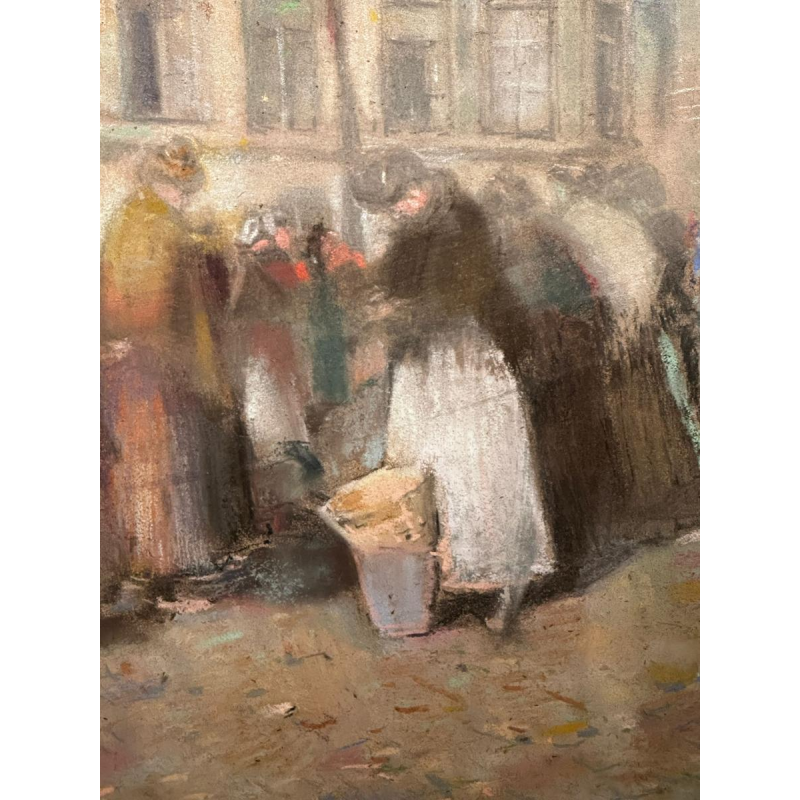 Lucien Frank 'Marktscène' Impressionistisch pastel, eind 19e eeuw