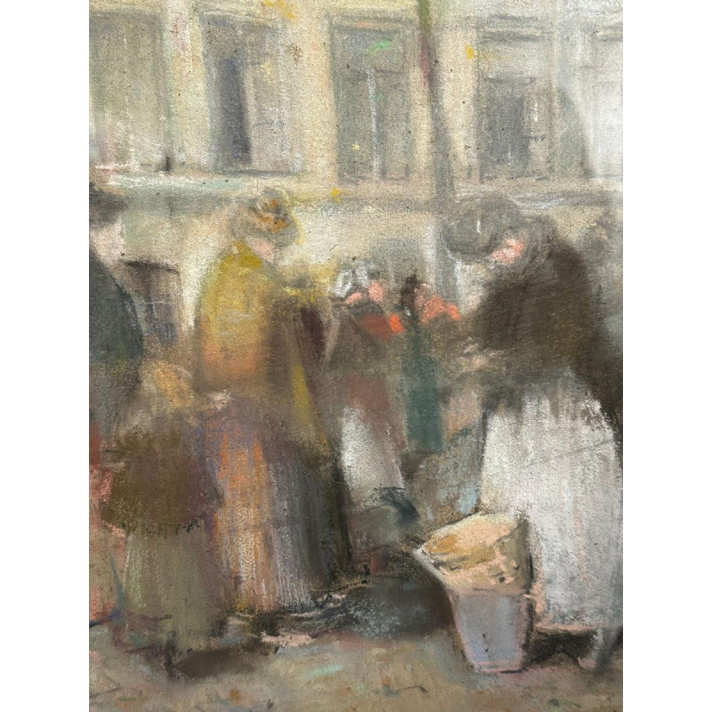 Lucien Frank 'Market Scene' Impressionist pastel, late 19th century