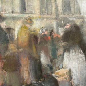 Lucien Frank 'Scène de marché' pastel impressionniste, fin 19e siècle