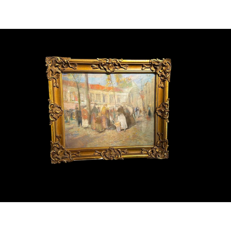 Lucien Frank 'Scène de marché' pastel impressionniste, fin 19e siècle