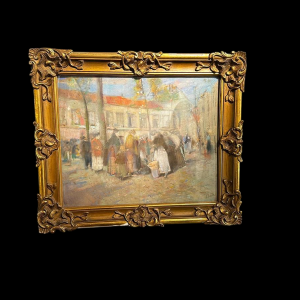 Lucien Frank 'Marktscène' Impressionistisch pastel, eind 19e eeuw