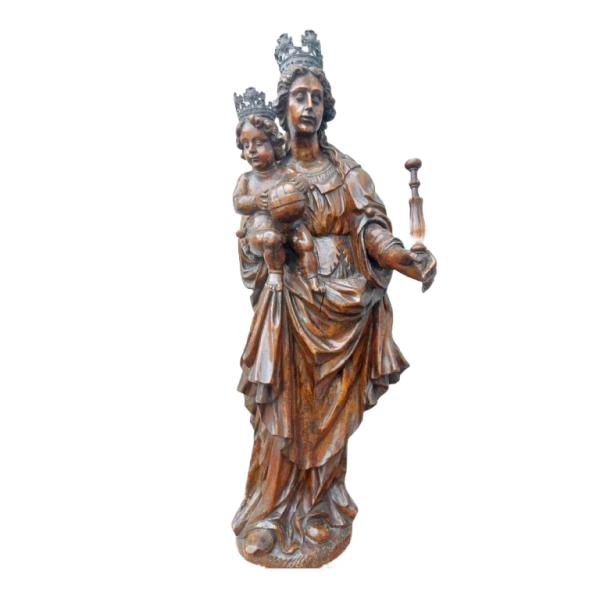 ‘Virgin and Child Jesus’ carved wood and silver statue, 17th century