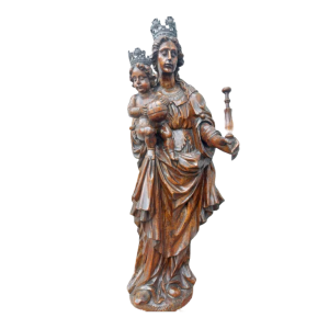 “Vierge à l'enfant Jésus“ statue en bois sculpté et argent, XVIIe s