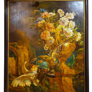 Tableau “Paysage décoratif avec faucon et cacatoès“ huile sur toile, XIXe s