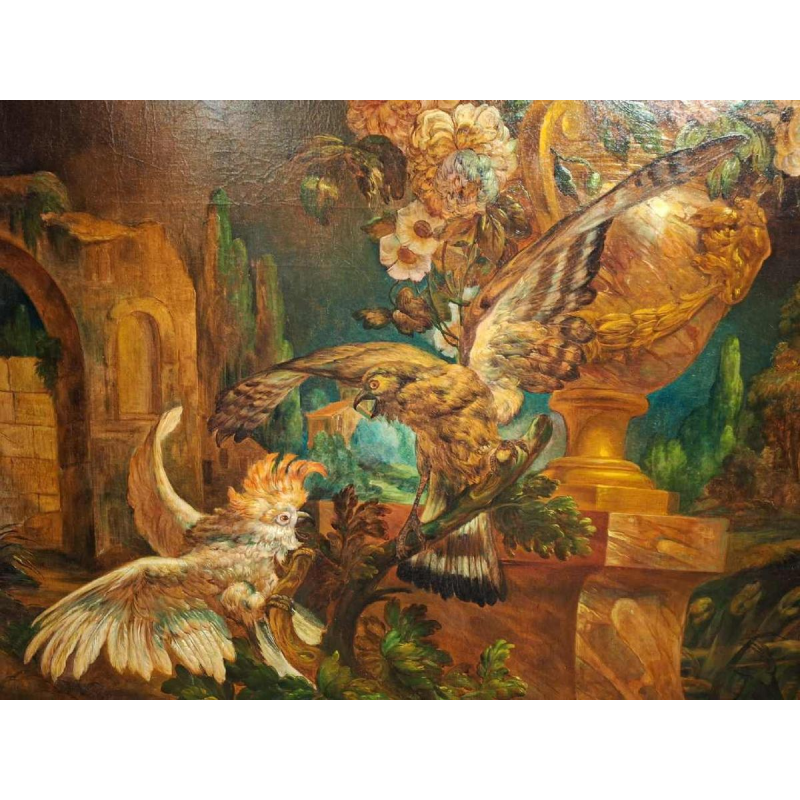 Painting ‘Decorative landscape with falcon and cockatoo’ oil on canvas, 19th c