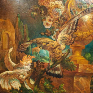 Schilderij "Decoratief landschap met valk en kaketoe", olieverf op doek, 19e eeuw