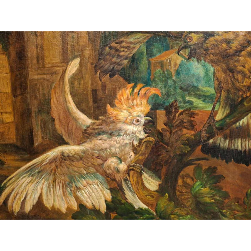 Schilderij "Decoratief landschap met valk en kaketoe", olieverf op doek, 19e eeuw