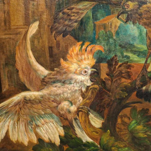 Schilderij "Decoratief landschap met valk en kaketoe", olieverf op doek, 19e eeuw