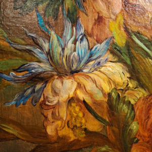 Schilderij "Decoratief landschap met valk en kaketoe", olieverf op doek, 19e eeuw