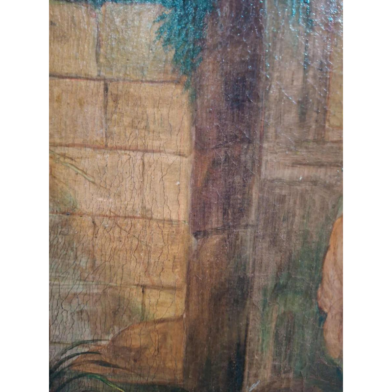 Tableau “Paysage décoratif avec faucon et cacatoès“ huile sur toile, XIXe s