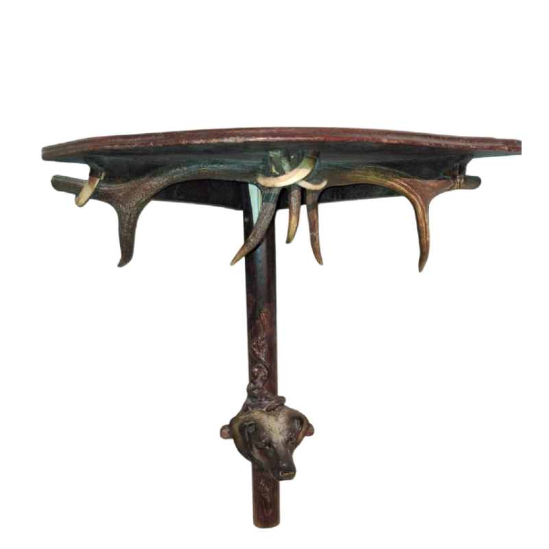 Console / encoignure de chasse "tête de chien" en chêne et bois de cerfs, fin XIXe s